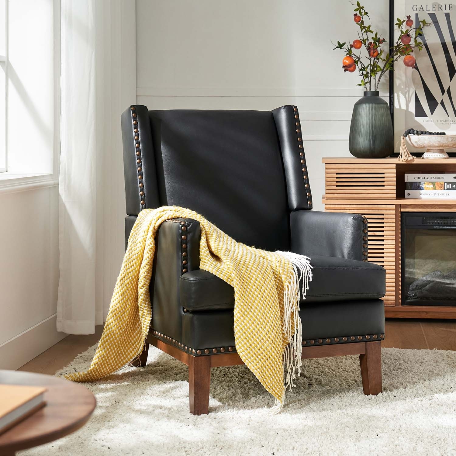 HULALA HOME Lourdes Genuine Leather Armchair with Solid Wood Frame and Removable Seat Cushion