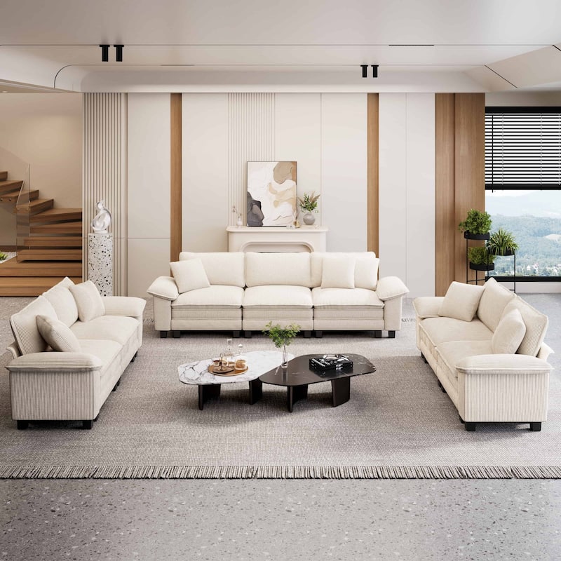 MAISON ARTS Chenille & Corduroy Modular Sectional Sofa Set, Comfy 5/6/7-Seat Living Room Couch with 3-Seater or Loveseat - Beige Corduroy (7 Pieces) - Reversible