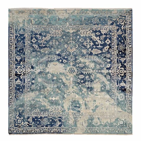 Hand Knotted Teal Transitional with Wool & Silk Oriental Rug (10' x 10') - 10' x 10'