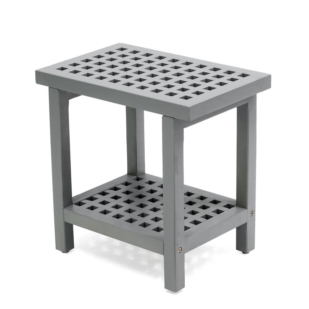 JONATHAN Y Armin 18.1" Classic Grid Slat Solid Acacia Wood Indoor/Outdoor Shower Stool - 18.1L x 11.81W x 17.72H