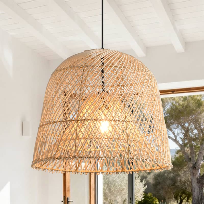 1-Light Coastal Retro Brown Rattan Hand-Woven Cloche Hanging Basket Pendant Light - 14.9" W x 59" H