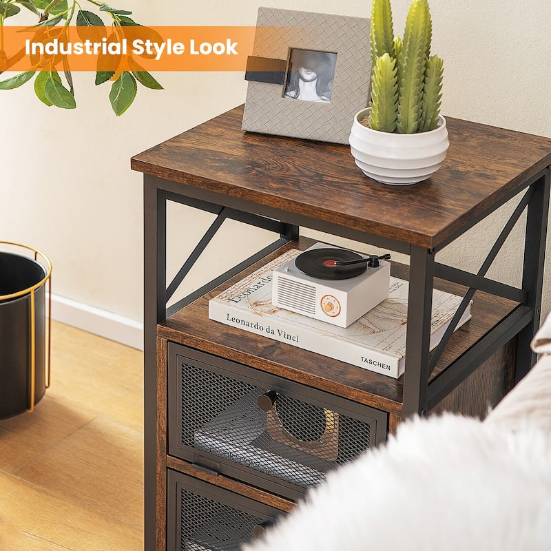 Gymax 2PCS Side End Table Nightstands w/ 2 Open shelves & 2 Flip