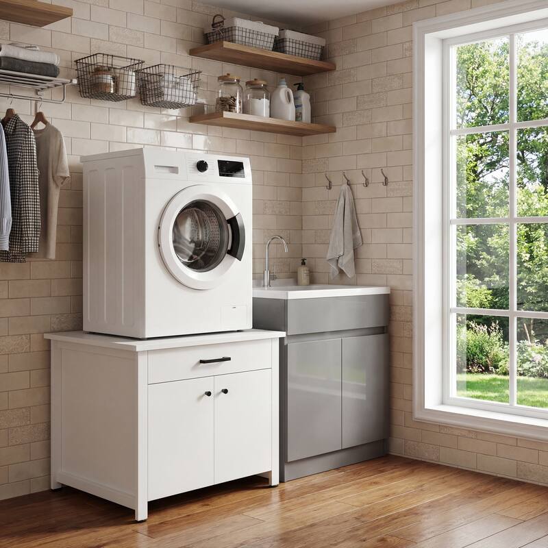 Laundry Cabinet with Drawer and Double Doors, Heavy Duty Washer Stand Storage Cabinet Utility Storage Cabinet