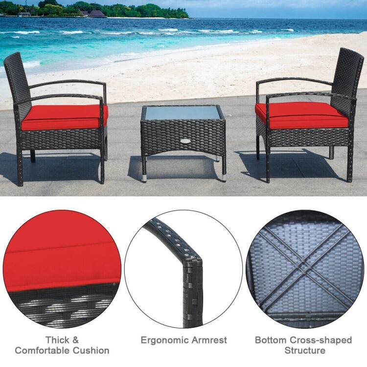 3 Pieces Patio Wicker Rattan Furniture Set with Cushion for Lawn Backyard - 19.5" x 19.5" x 15" (L x W x H)
