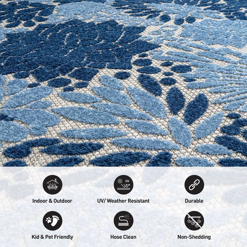 World Rug Gallery Indoor/Outdoor High-Low Textured Area Rug, Floral, Easy-Clean Patio Rug