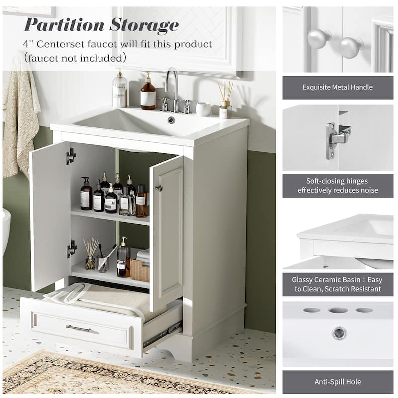24 Inch Bathroom Vanity with Sink, Solid Wood Frame Cabinet with Adjustable Shelf, Ceramic Top, Silver Handles