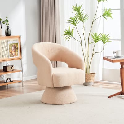 Teddy Fabric Swivel Round Barrel Chair, Ergonomic Upholstered Sofa Chair, Lounge Armchair with Open Back & Wood Base