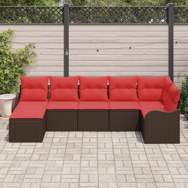 vidaXL 7/8 Garden Sofa Set with Cushions Black/Brown/Grey Wicker - 113.2 x 48.2 x 27.2