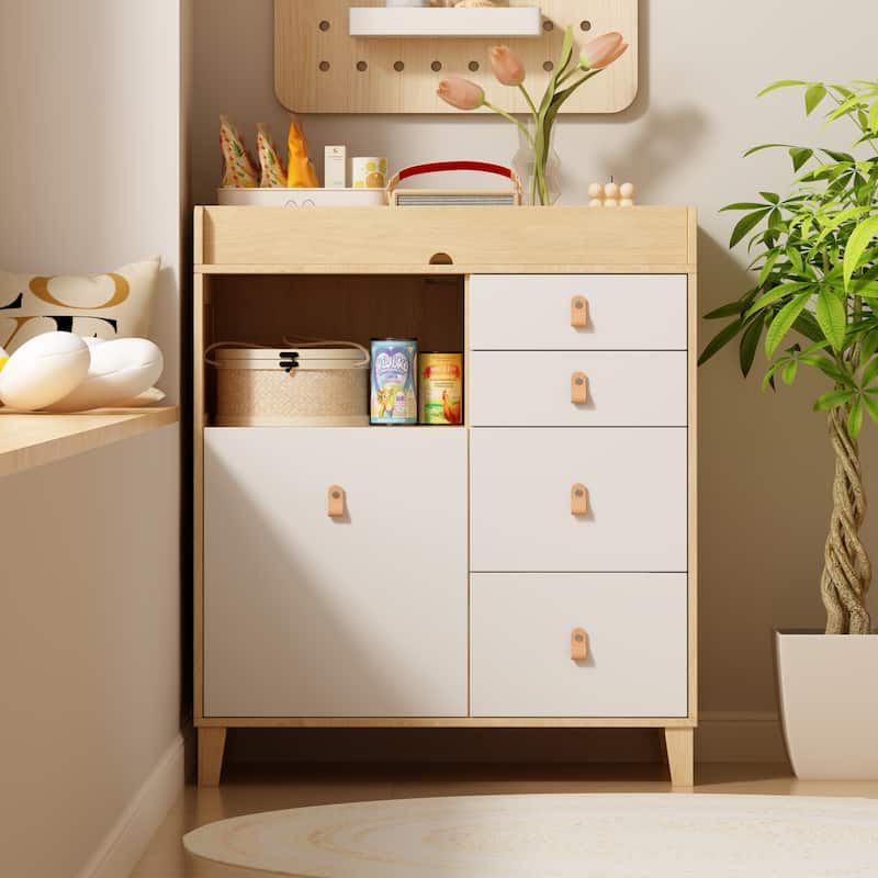Baby Changing Table Dresser, 33.5" Baby Nursery Dresser with Drawers - Oak
