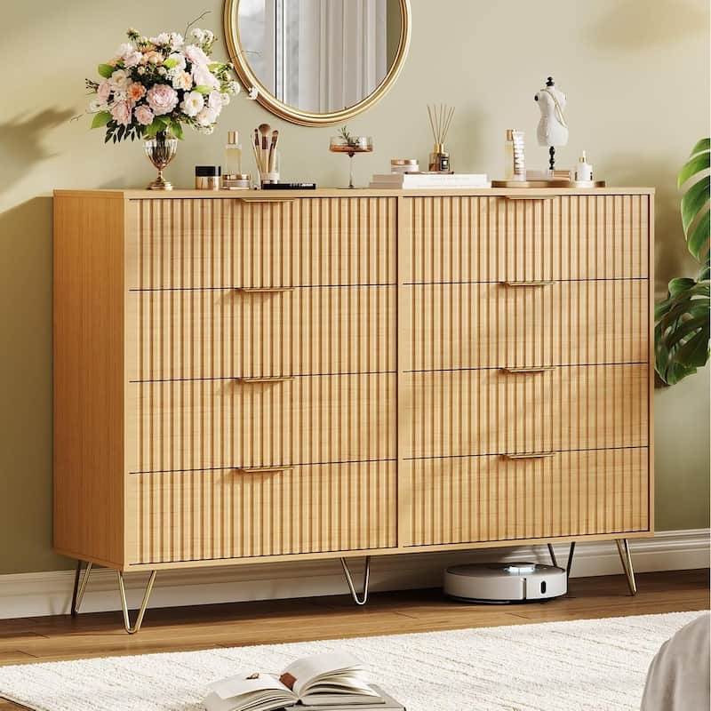 55" Wide Modern Fluted Dresser for Bedroom with 8 Drawers - Natural