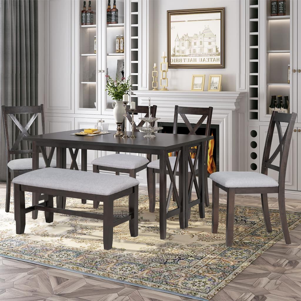 6 Piece Dinging Table Set, Solid Wood Kitchen Dining Table Set with Foldable Table, Upholstered Bench and 4 Upholstered Chairs