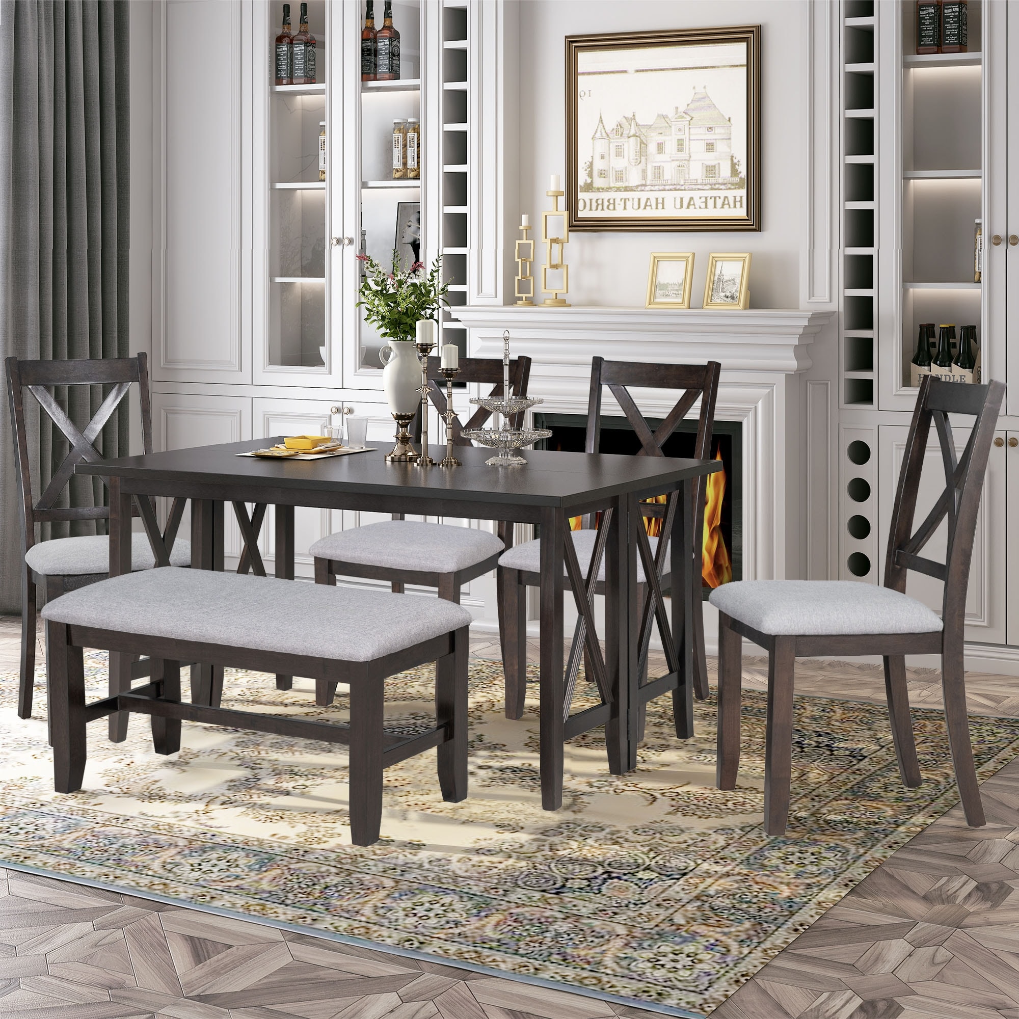 Espresso 6 Piece Solid Wood Foldable Dining Set Family Table with 4 Chairs and Bench