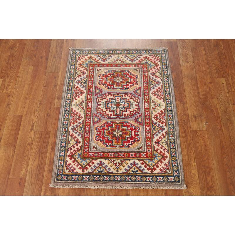 Geometric Kazak Oriental Foyer Rug Handmade Grey Wool Carpet - 2'0"x 3'0"