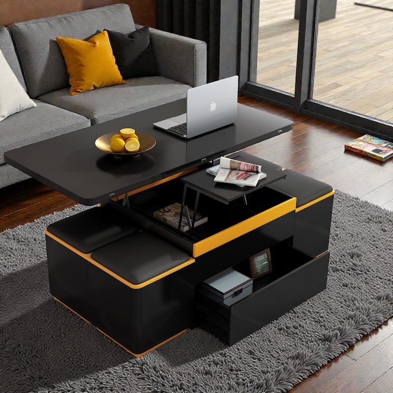 Lift Top Coffee Table with Storage Stools, High Gloss Modern Convertible Coffee Dining Table with Foldable Top