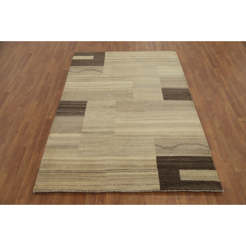 Hand Knotted Oriental 100% Wool Carpet Modern Geometric Beige & Ivories Gabbeh Area Rug - 7' 9'' X 5' 4''