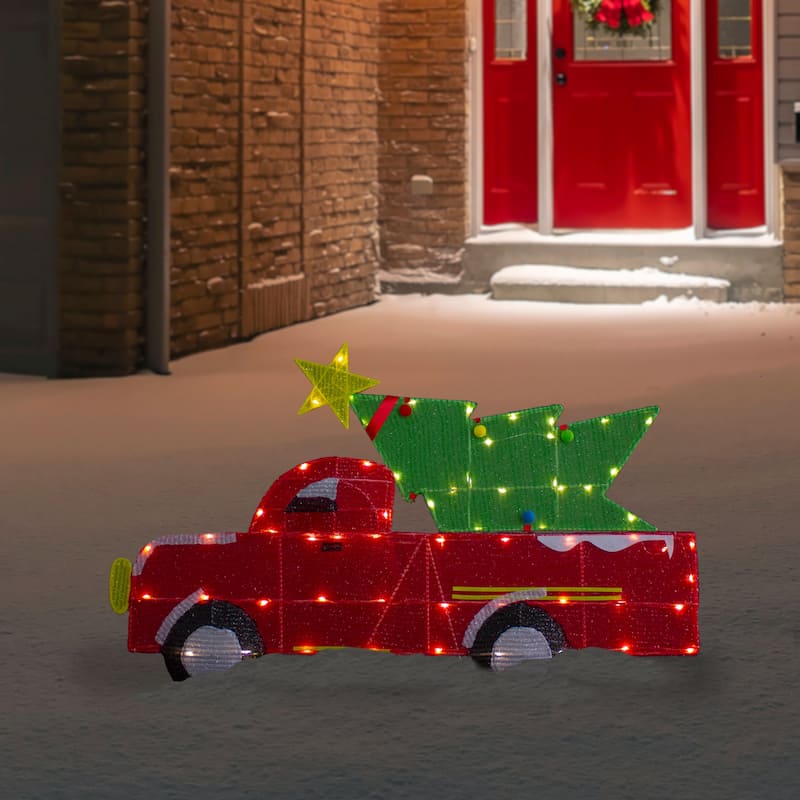 36" LED Lighted Red Truck with Christmas Tree Outdoor Decoration