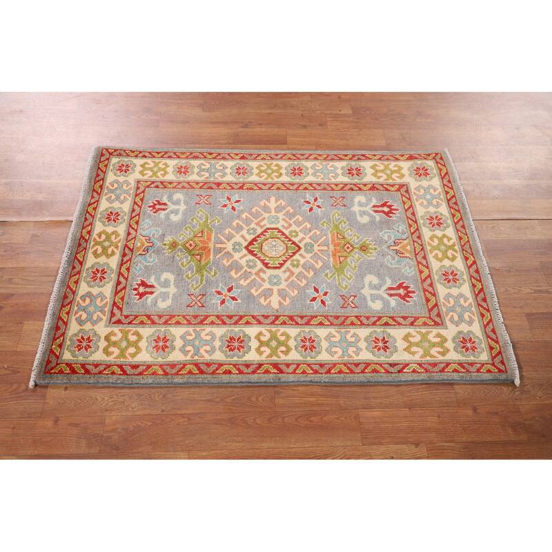 Gray Geometric Kazak Oriental Accent Rug Handmade Wool Carpet - 2'8" x 3'11"