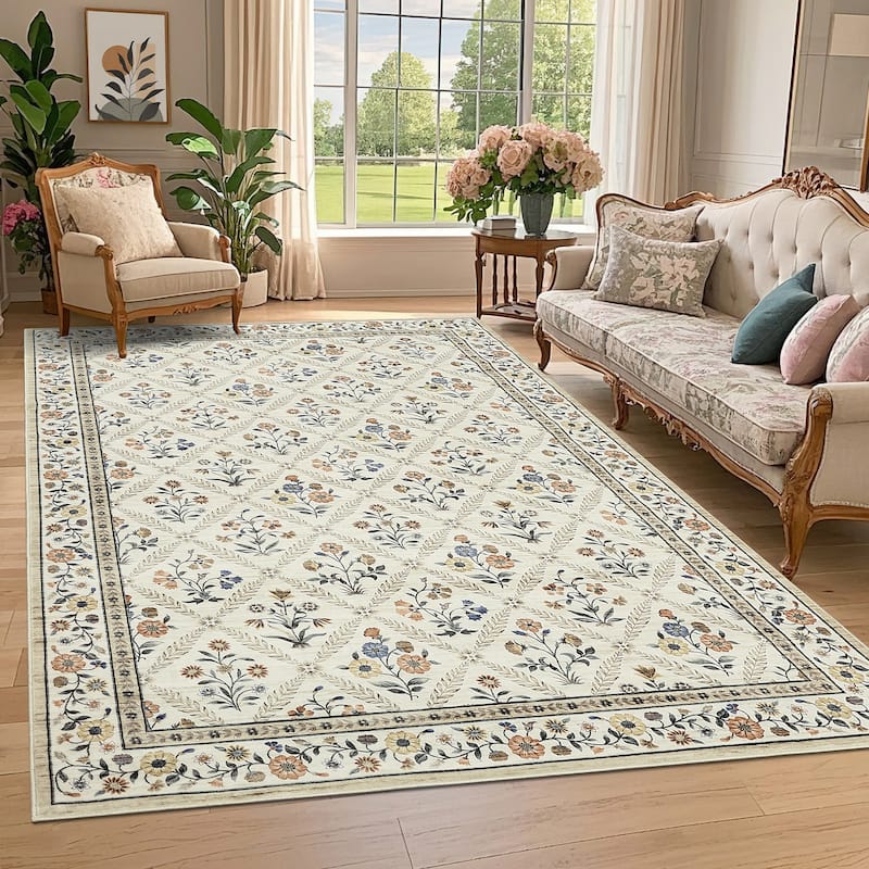 Floral Area Rugs for Living Room Bedroom Soft Farmhouse Washable Rug Non-Slip Low Pile Accent Carpet - 9'x12' - Beige
