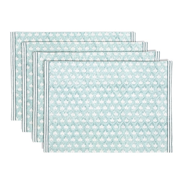 slide 2 of 93, over&back Hand-Blocked 100% Cotton Placemats - Machine Washable - Set of 4 Blue Leaf