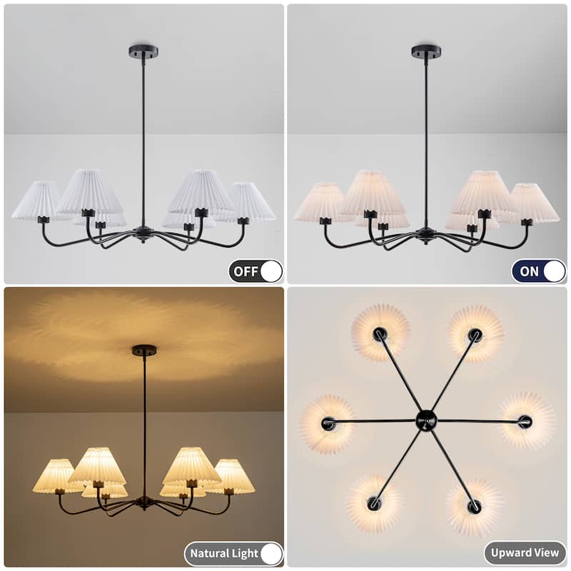 Starsky 6-Light Chandelier with Pleated Fabric Shades Handmade Black & Gold for Dining Room, Kitchen, Living Room and Foyer