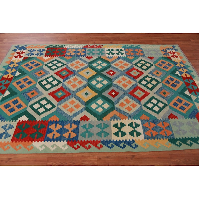 Hand Woven Oriental 100% Wool Carpet Southwestern Geometric Multi-Colored Kilim Area Rug - 8' 3'' X 5' 8''