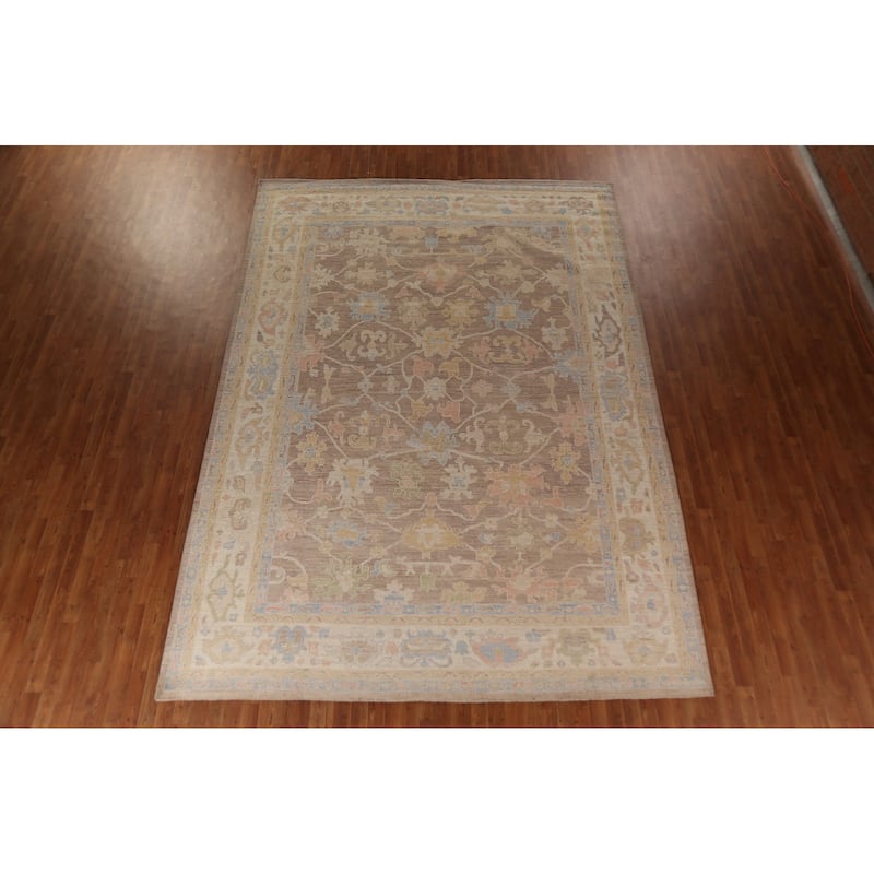 Floral Oushak Vegetable Dye Area Rug Hand-Knotted Brown Wool Carpet - 9'0"x 13'0"