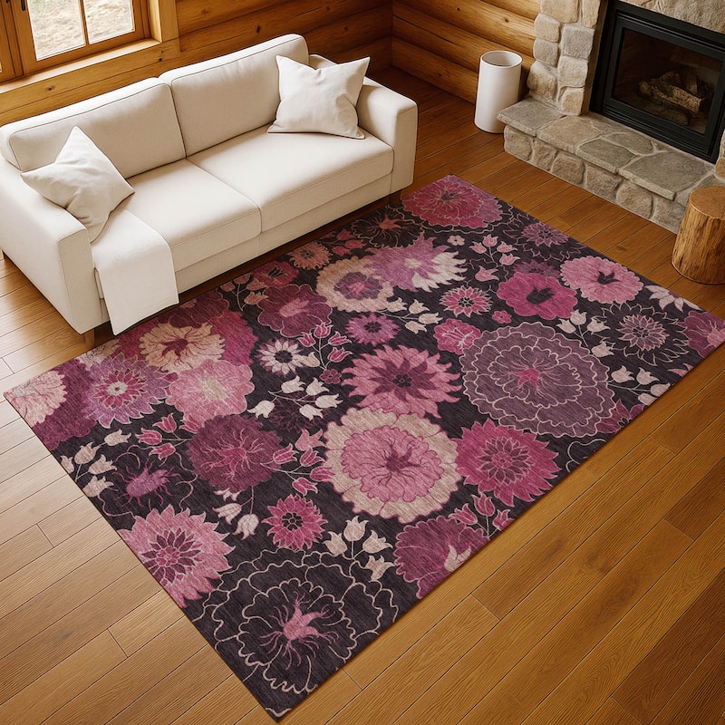 Machine Washable Indoor/ Outdoor Modern Floral Chantille Rug