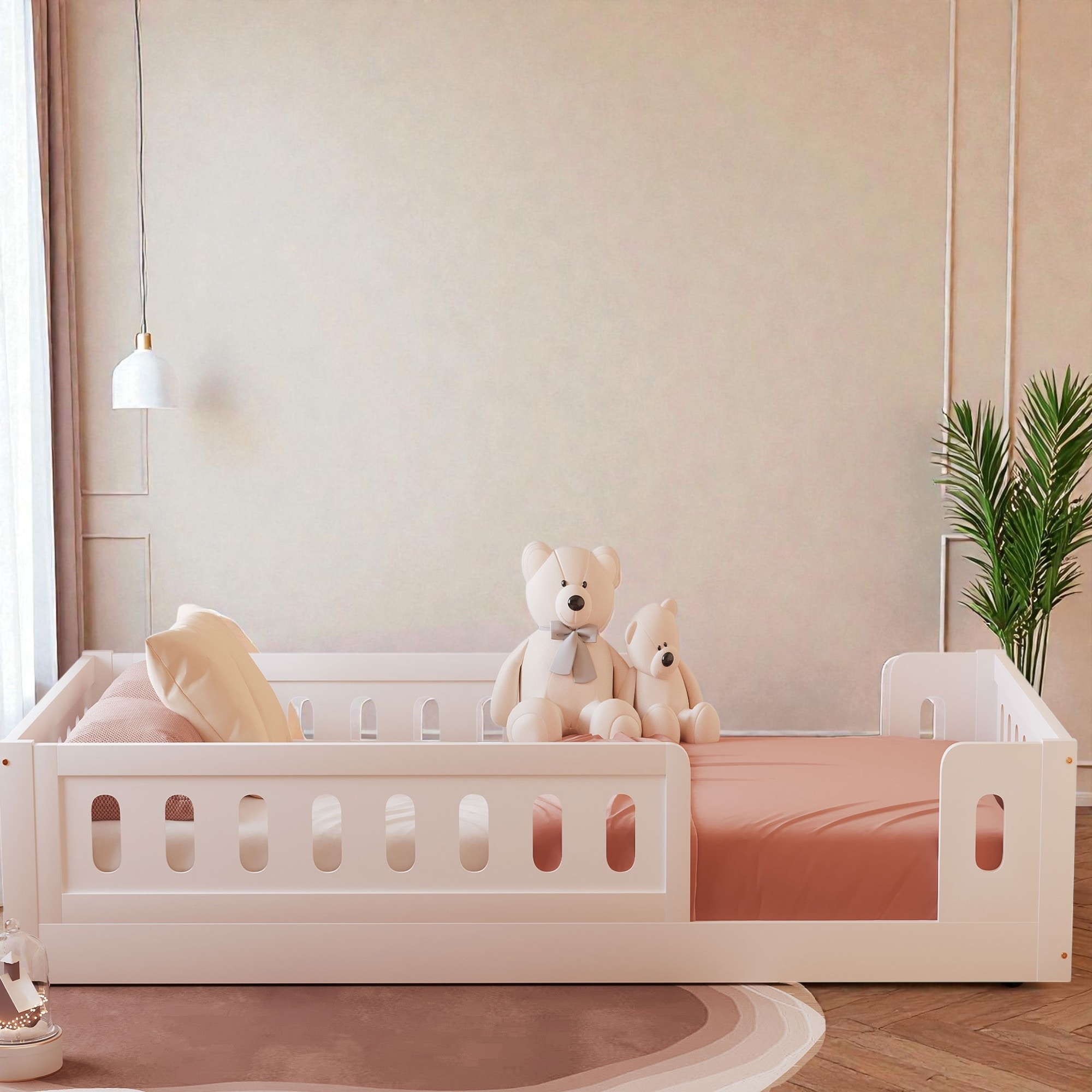 Wood Twin Size Platform Bed with Guardrail, Low Profile Kids Bed Frame, No Box Spring Needed