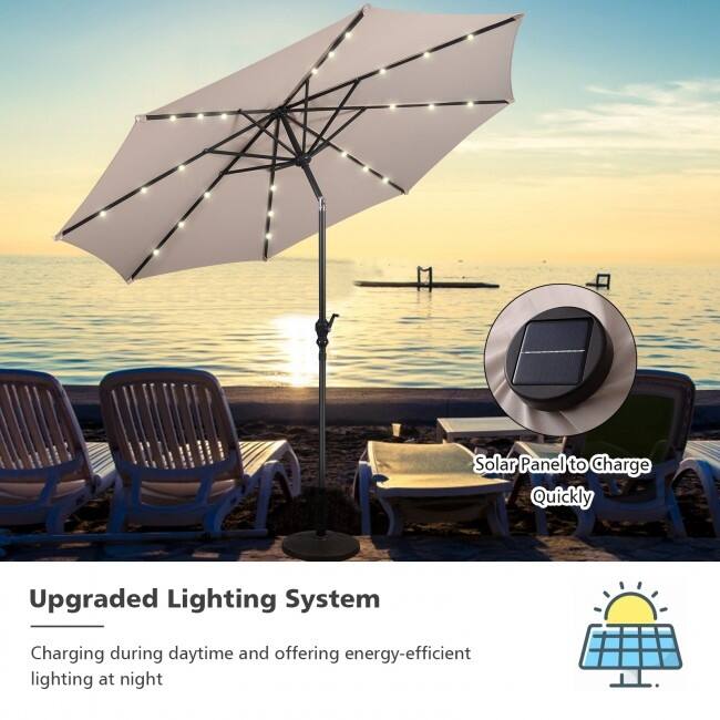 10FT Patio Solar Umbrella LED Patio Market Steel Tilt With Crank Outdoor New