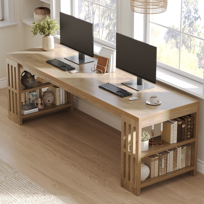 Two Person Desk with Bookshelf Computer Office Double Desk - Brown