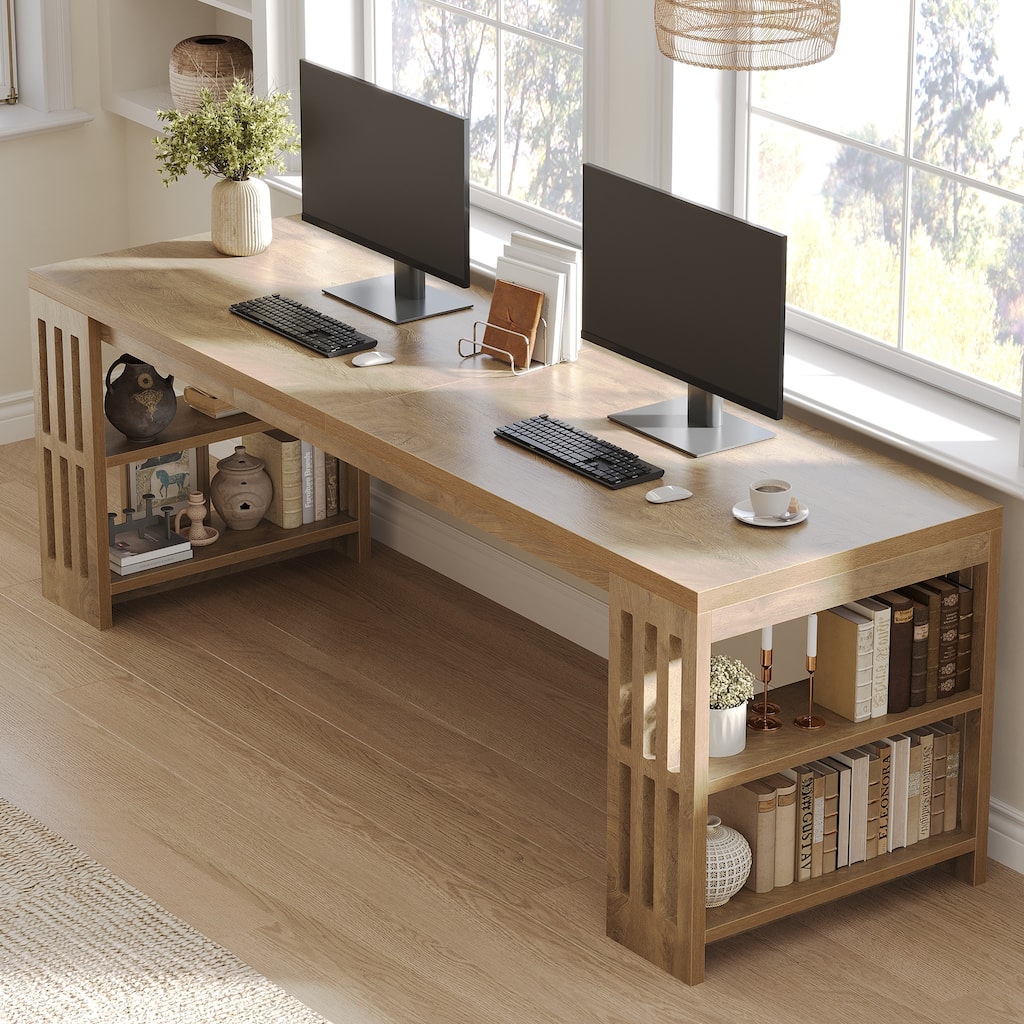 Two Person Desk with Bookshelf Computer Office Double Desk