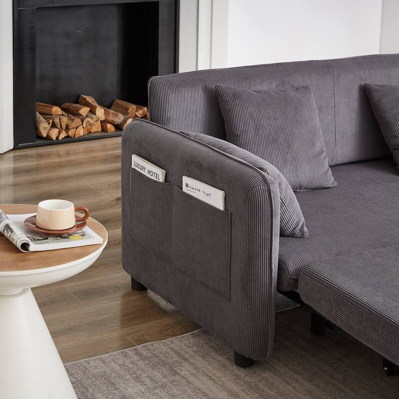 3-in-1 Pull Out Sleeper Sofa Bed, Convertible Corduroy Loveseat Couch with Casters, 4 Pillows and Side Pockets for Living Room