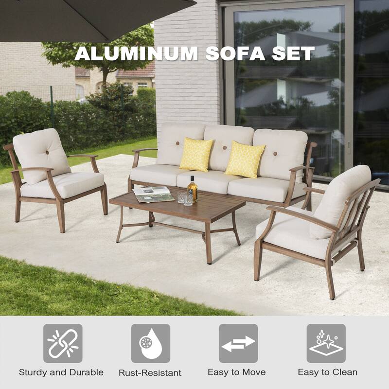 4-Piece Patio Conversation Set with Cushions, Aluminum Frame, Beige