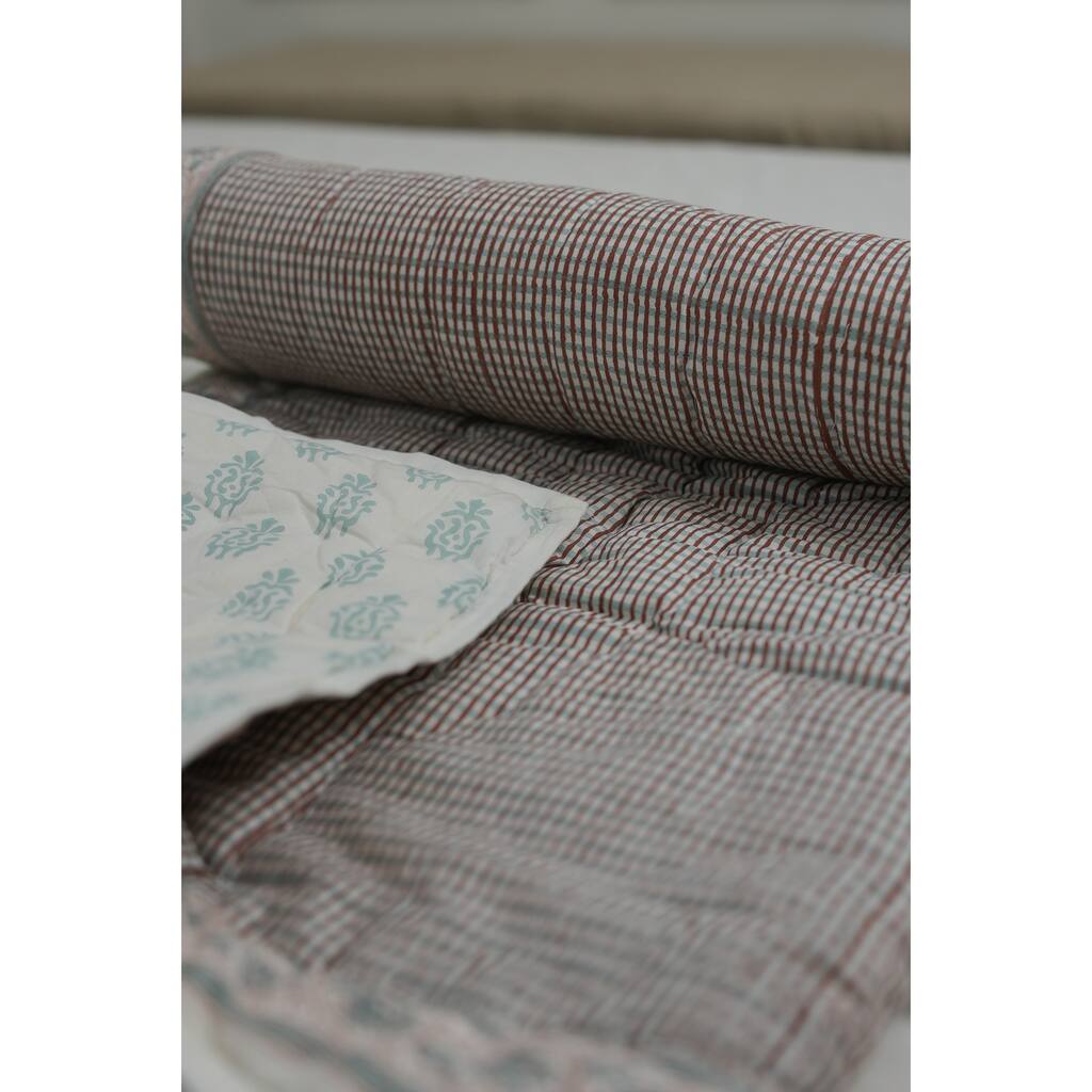 Fabdivine Hand Block Print Luxurious Cotton Quilt - Floral Patterned Umbrella, Reversible Artisan Bedspread for Bedroom Décor