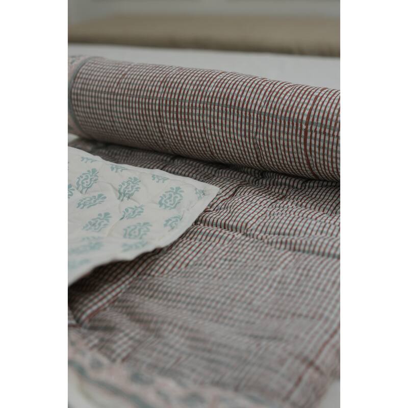 Fabdivine Hand Block Print Luxurious Cotton Quilt - Floral Patterned Umbrella, Reversible Artisan Bedspread for Bedroom Décor - 95" X 108" - Brown, OffWhite