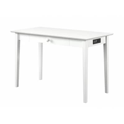 Retro Desk with Drawer & Charging Station - Home Office Study Table - White Finish