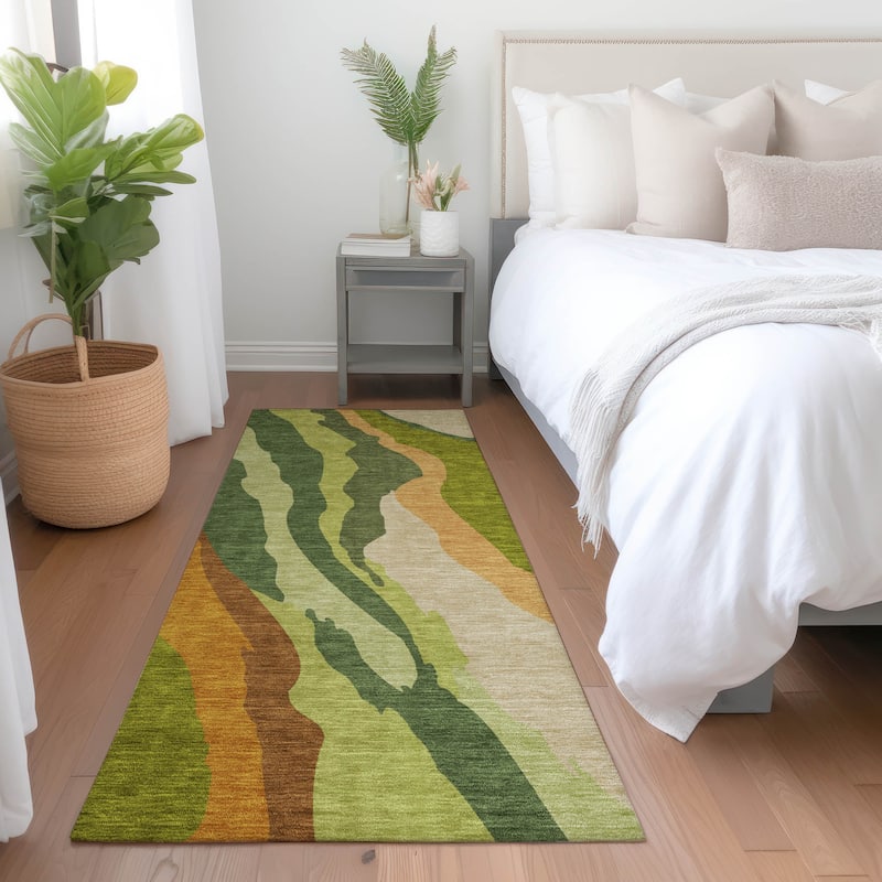 Machine Washable Indoor/ Outdoor Abstract Contemporary Chantille Rug - Green - 2'3" x 7'6"