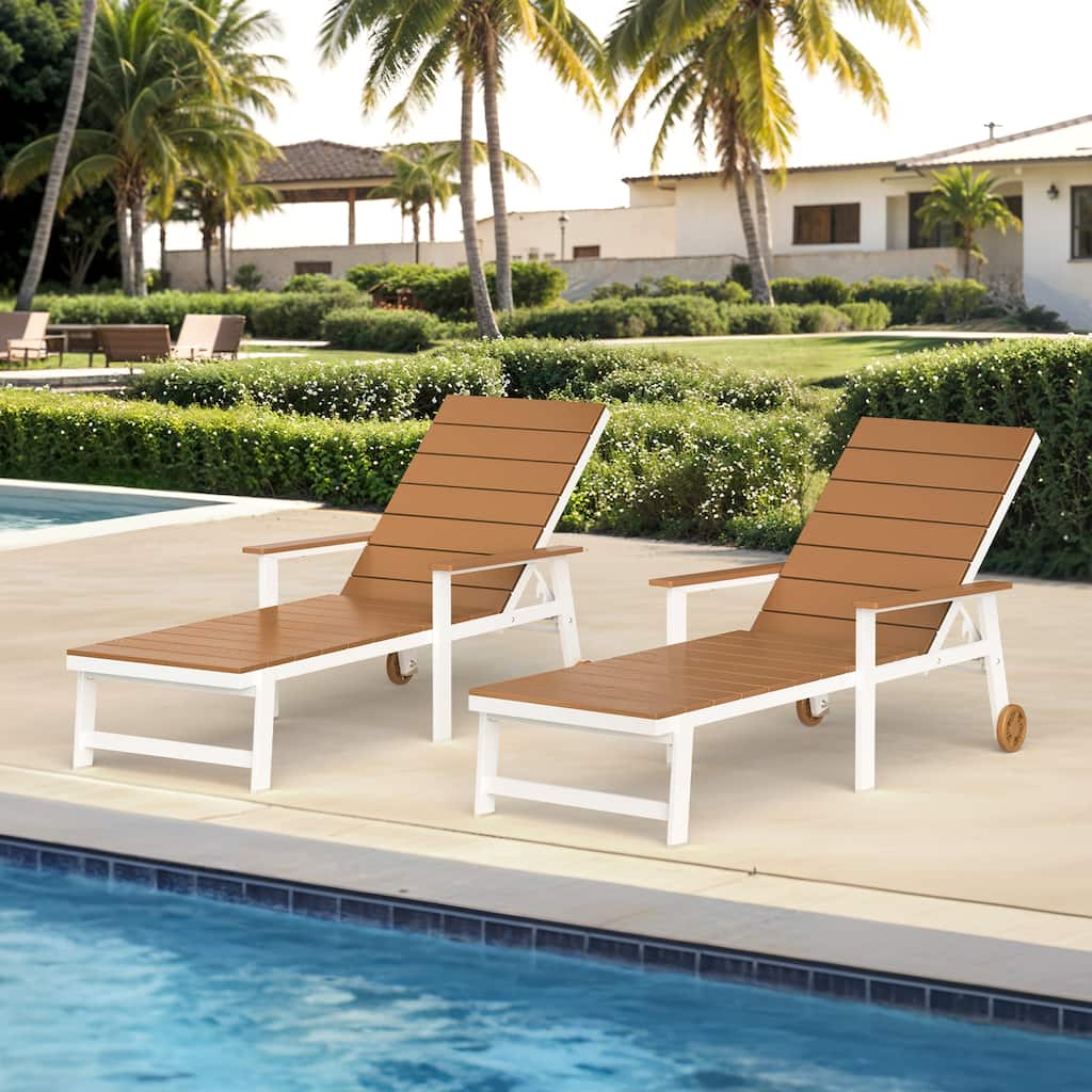Patio HDPE Backrest Set of 2 Chaise Lounge Chair with Aluminum Frame, Adjustable Backrest and Wheels