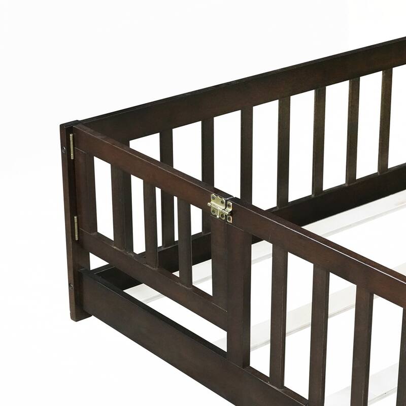 Rubber Wood Floor Bed with Safety Guardrails