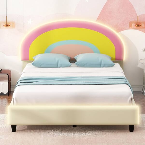 slide 2 of 9, Twin Size Platform Bed with Rainbow Shaped and Height-adjustbale Headboard, Upholstered Bed with LED Light Strips, Beige Beige