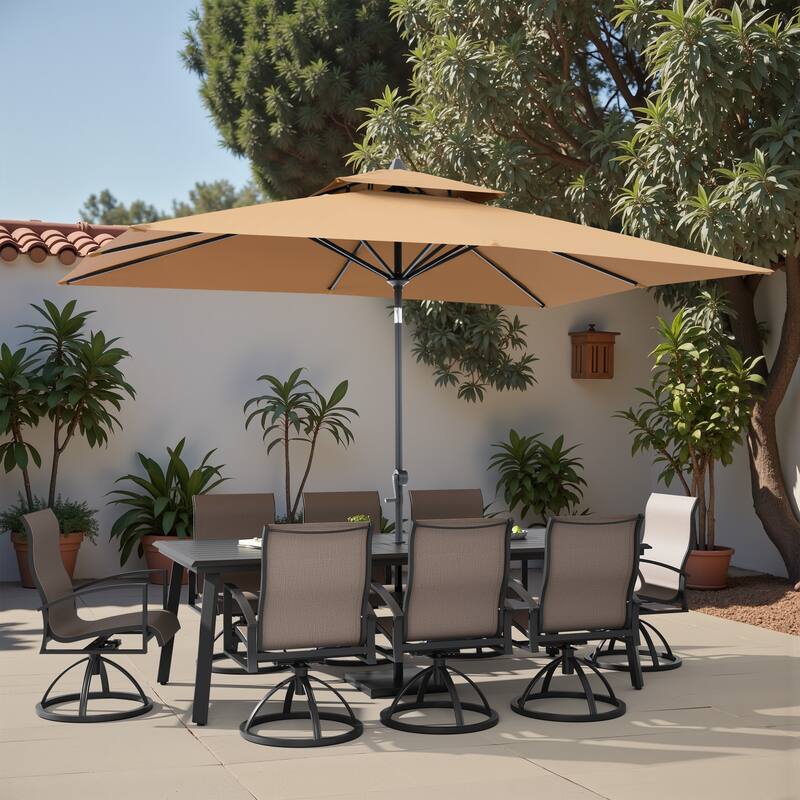 11-Piece Outdoor Aluminum Dining Table and Swivel Sunbrella Dining Chairs with Umbrella and Base Set