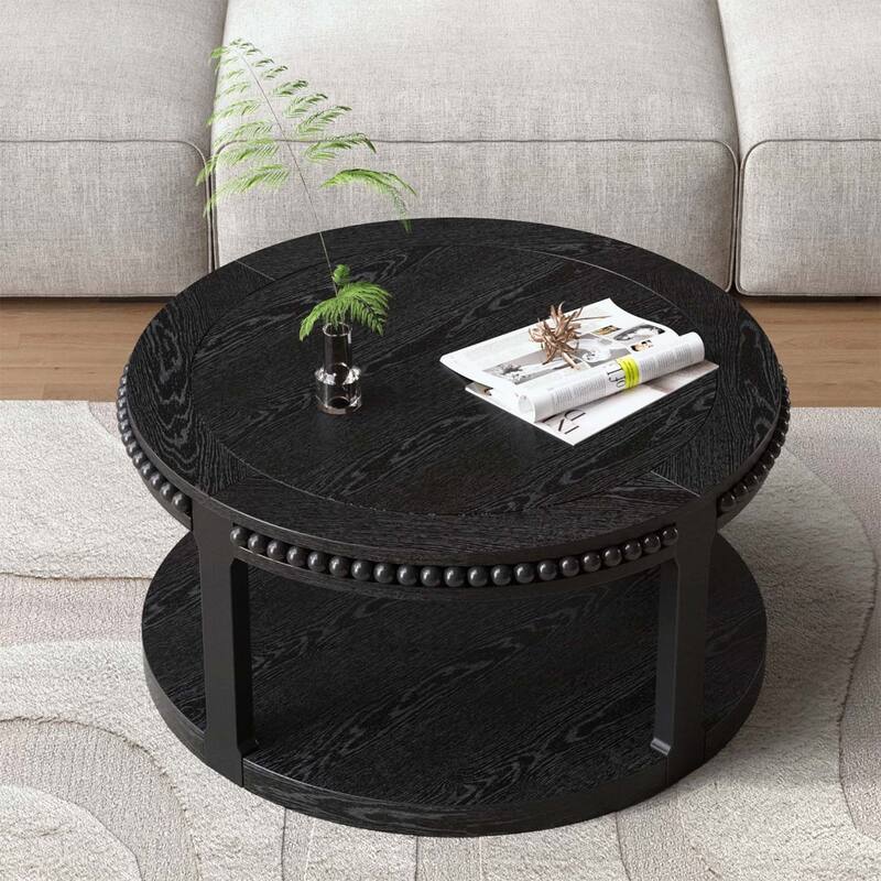 31.5 Inch Wood Round Coffee Table,2-Tier Rustic Design with Storage Shelf for Modern Living Room