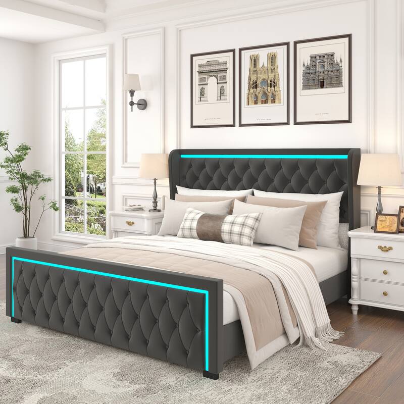 King Platform Bed Frame with Adjustable Colorful Lighted Strip