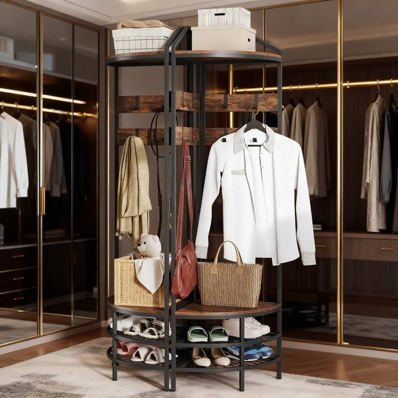 Industrial-Style Corner Coat Rack with Shoe Rack, 8 Movable Hooks and 2 Shelves, for Bedroom Living Room