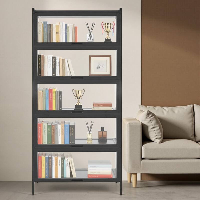Black Acrylic 5-Tier Display Cabinet with Flip Doors and Shelves - 32.28 × 12.60 × 67.72 inch