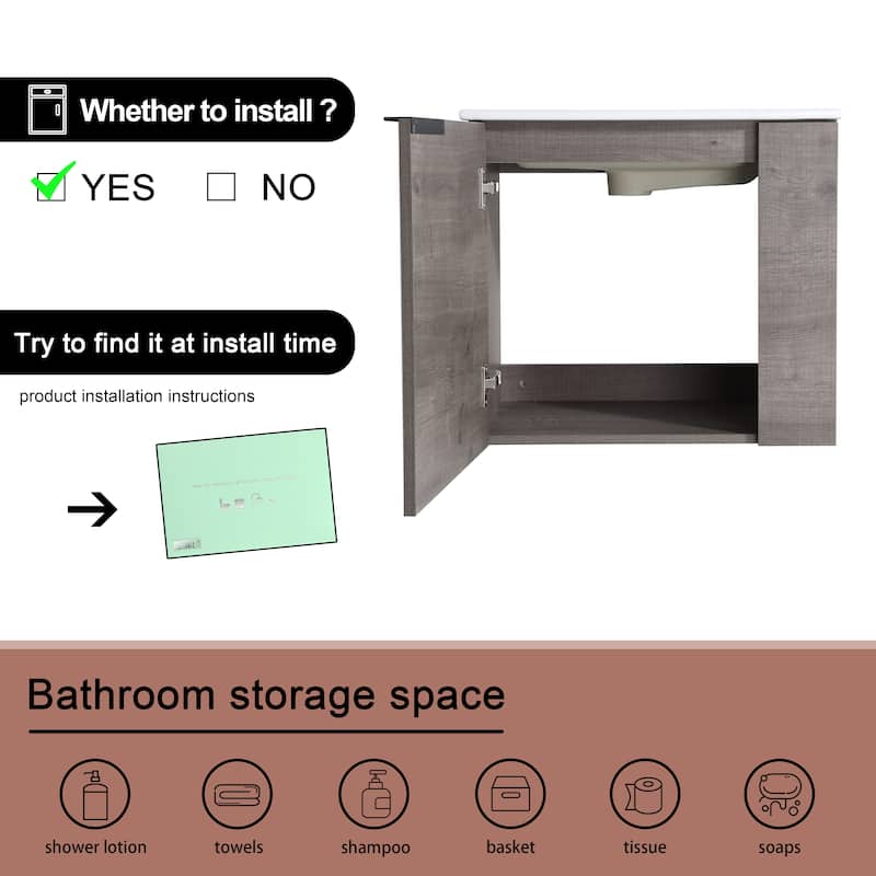 ARTCHIRLY 22" Bathroom Vanity with Ceramic Sink, Floating Bathroom Vanity with Soft Close Door
