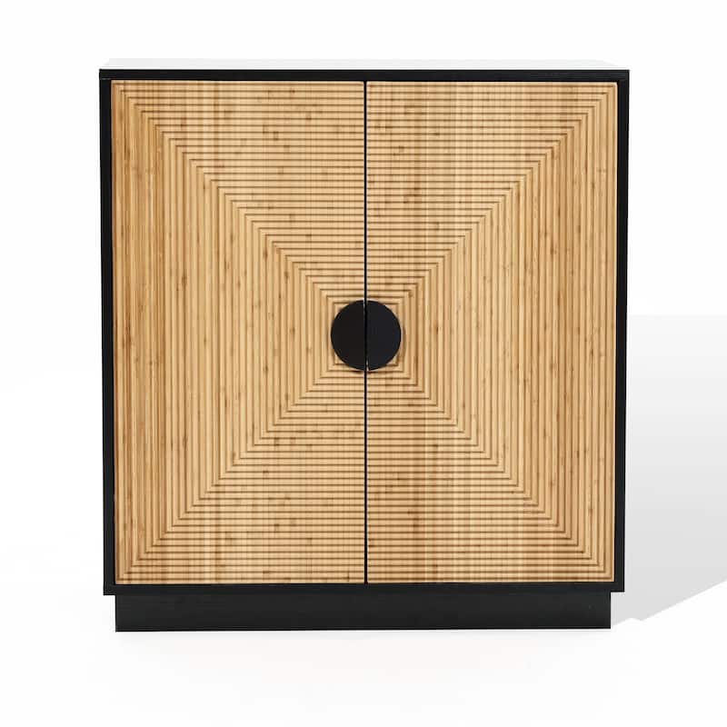 Modern Boho 2-Door Black Accent Cabinet with Bamboo Strips - 33.9" H x 31.5" W x 15.7" D