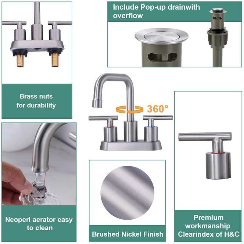 WOWOW 4 in. Centerset Double Handle Bathroom Faucet with Drain Kit