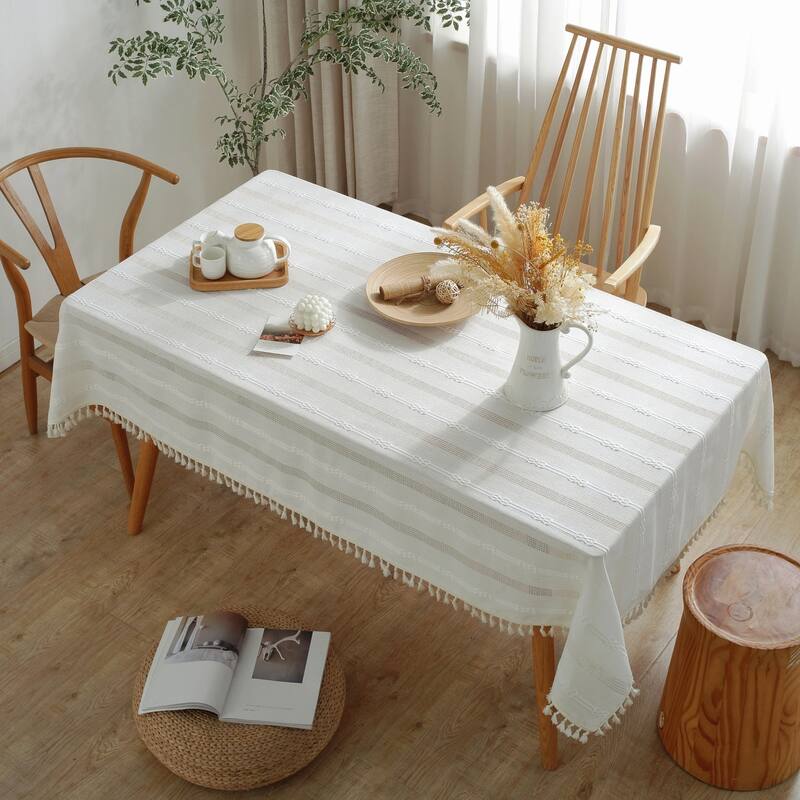 Enova Home High Quality Rectangle Cotton Linen Washable Tablecloth Stripe with Tassel for Home Party Wedding Dining Table