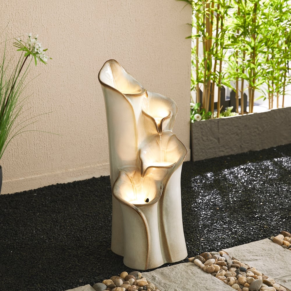 Glitzhome 26"H/ 31"H 4-Tier LED Vase-Shaped Ceramic Outdoor Floor Fountain with Birds/ Lotus